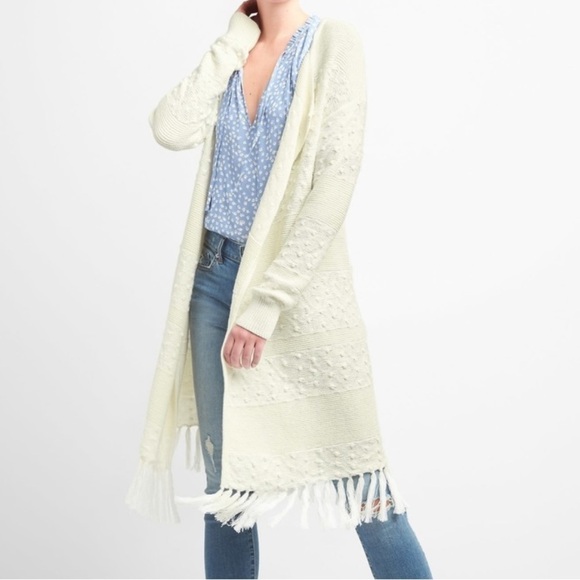 GAP Boho Ivory Longline Swiss Dot Cotton Open Front Fringe Hem Cardigan Sweater - Picture 2 of 13